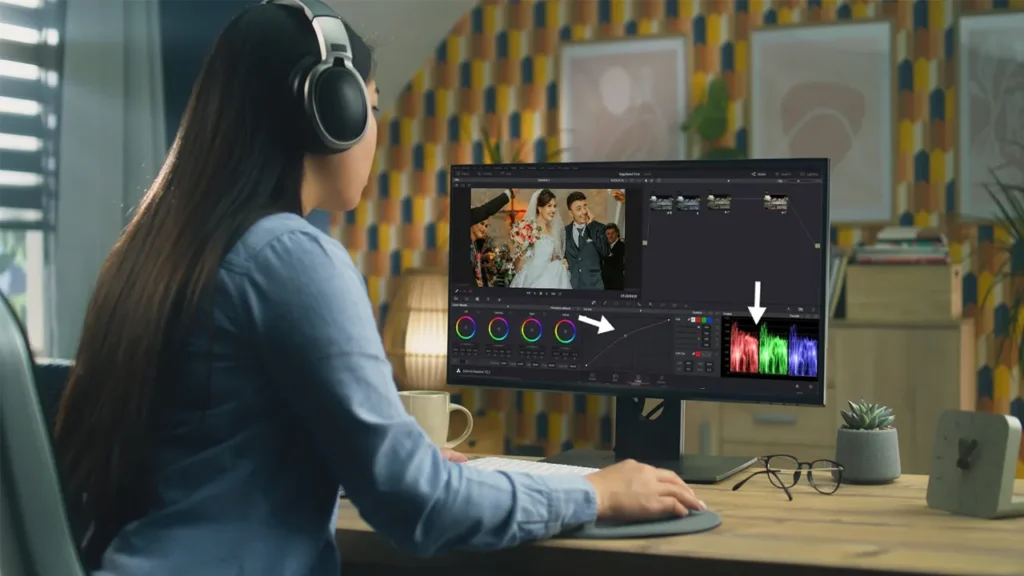 Video editor adjusting color grading of wedding footage on professional software, enhancing tones and visual consistency to create a cinematic wedding highlight video