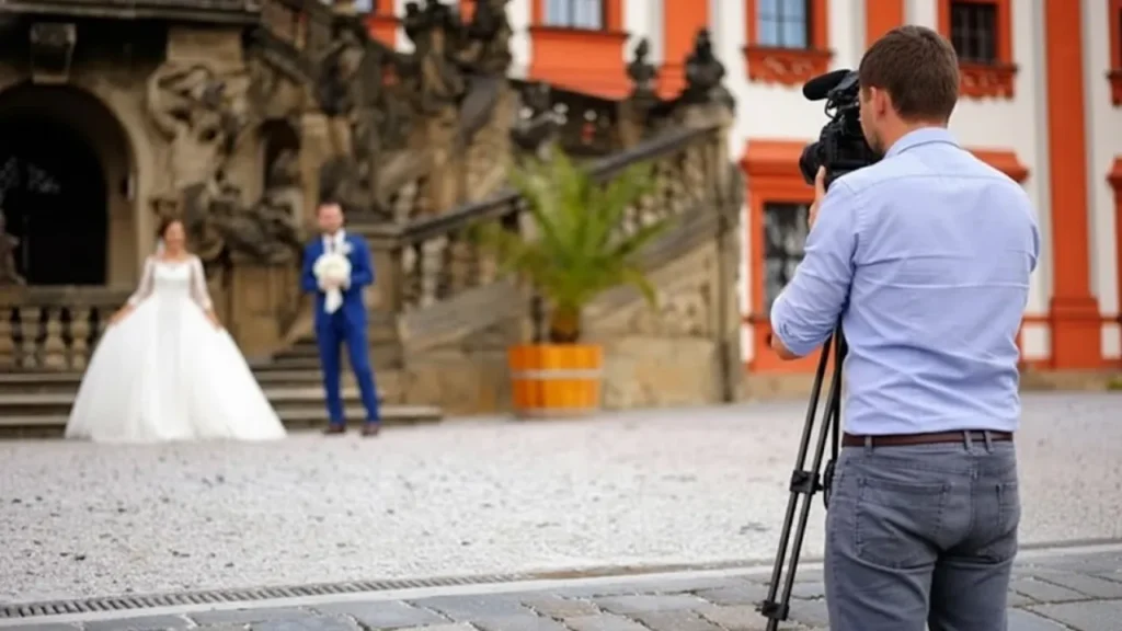 Professional videographer filming bride and groom outside a grand venue to create a cinematic wedding highlight video capturing emotional and candid moments of the day