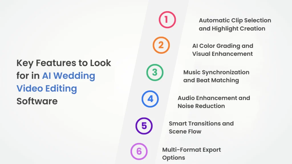 Infographic listing key AI features for wedding video editing software, including automatic clip selection, AI color grading, music synchronization, audio enhancement, smart transitions, and multi-format export options for cinematic and social media delivery.