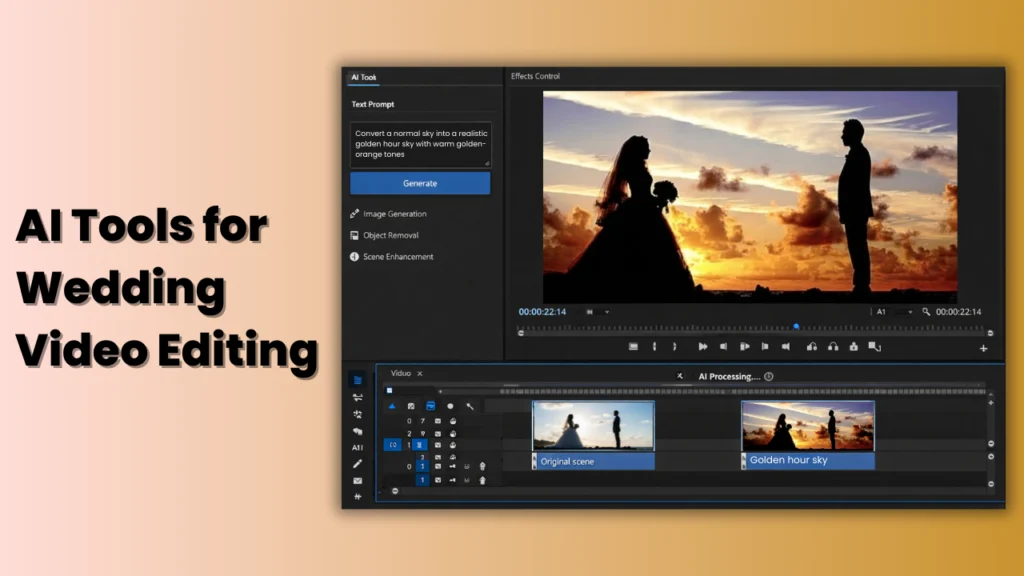 Wedding video editing software interface showing AI-powered scene enhancement with bride and groom silhouette during sunset, highlighting how AI tools improve color grading, emotion detection, and editing speed for wedding filmmakers in the USA