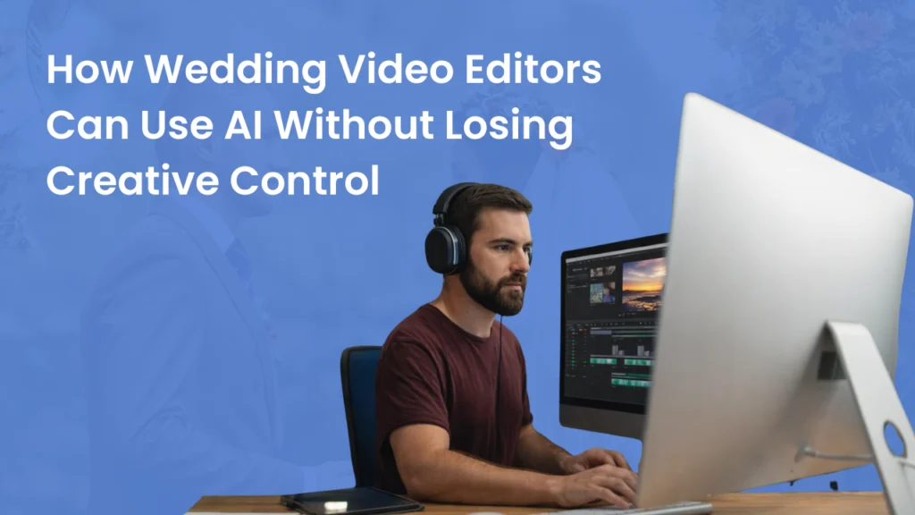 Wedding video editor working on desktop with editing software, illustrating how professionals use AI tools for efficiency while preserving creative control, emotional storytelling, and personal editing style in wedding films.