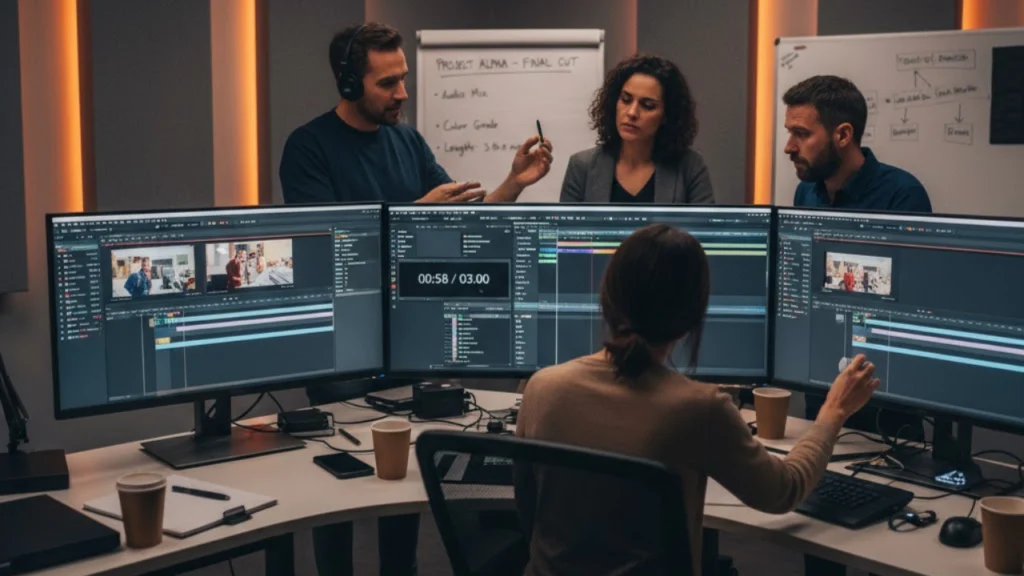 A team of professionals working in a modern editing studio, discussing and editing wedding footage on multiple monitors. The scene highlights the detailed process of creating both cinematic wedding films and full wedding videography, focusing on high-quality editing, color grading, and storytelling.