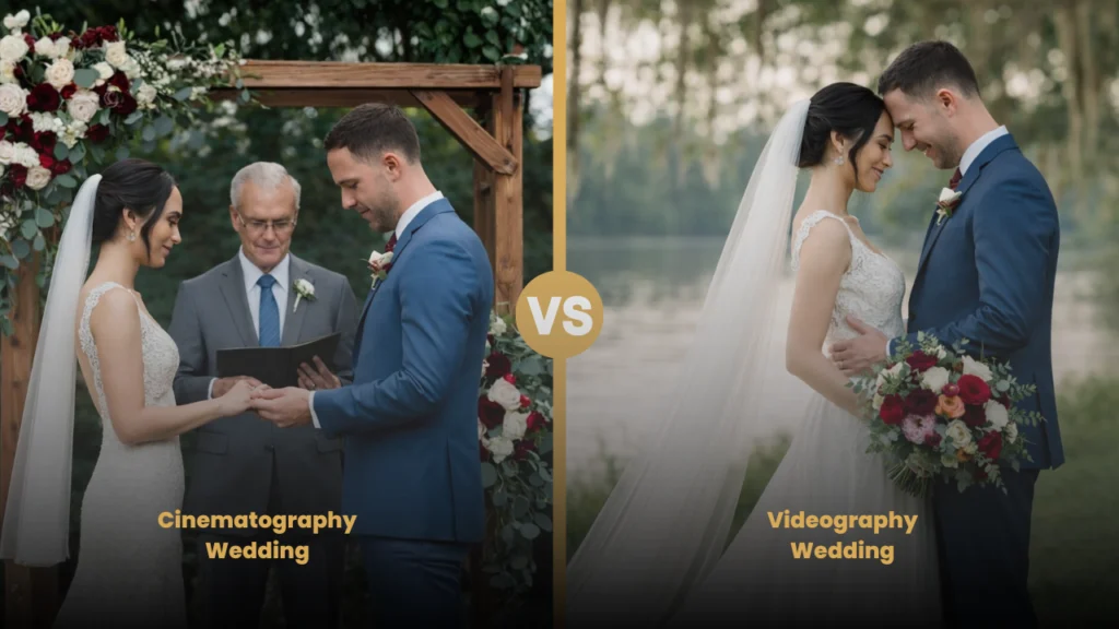 A visual comparison of wedding cinematography and videography. On the left, a cinematography wedding shot featuring creative angles and emotional storytelling with cinematic editing. On the right, a wedding videography shot focusing on real-time documentation with a natural, unedited style. The image highlights the distinct styles of each approach.