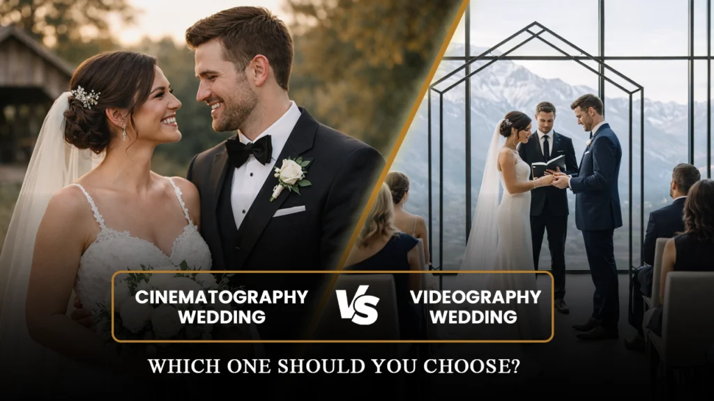 A side-by-side comparison of wedding cinematography vs videography wedding. On the left, a cinematographic wedding shot capturing an intimate, emotional moment with cinematic editing. On the right, a videography shot showing a couple exchanging vows in a full documentation style, focusing on the real-time wedding event. The image highlights the choice between storytelling and full coverage.