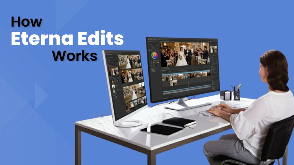 A video editor working on a dual-monitor setup, editing wedding footage on professional software with a streamlined, organized desk.