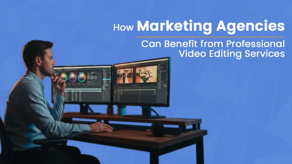 A marketing professional working on video editing software with dual monitors displaying video editing timelines and color grading tools.