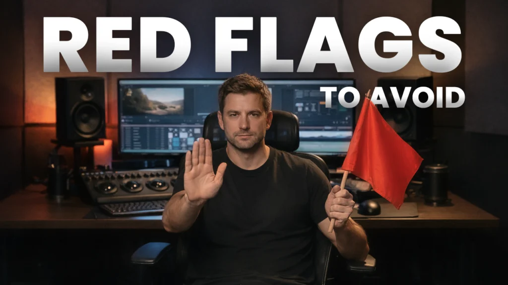 A wedding video editor holding a red flag in a professional editing studio, symbolizing key warning signs to look out for when choosing a wedding video editing company. The image highlights the importance of avoiding poor communication, unrealistic pricing, and lack of secure file transfers.