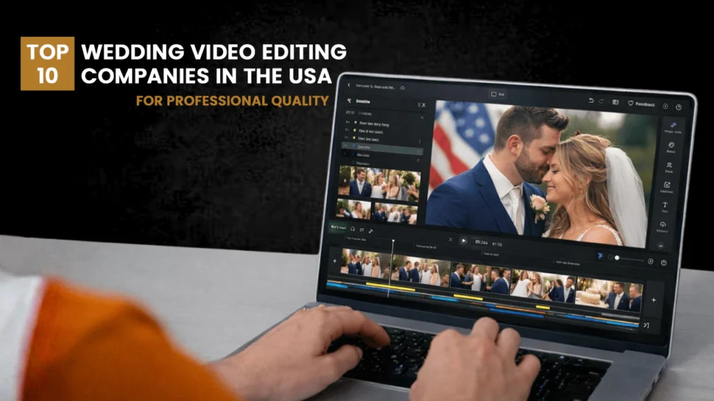 A wedding video editor working on a laptop, editing footage of a bride and groom. The screen shows a timeline of the wedding video with color grading and clips being adjusted, representing the high-quality editing process provided by professional wedding video editing companies.