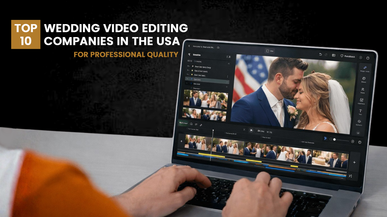 A wedding video editor working on a laptop, editing footage of a bride and groom. The screen shows a timeline of the wedding video with color grading and clips being adjusted, representing the high-quality editing process provided by professional wedding video editing companies.