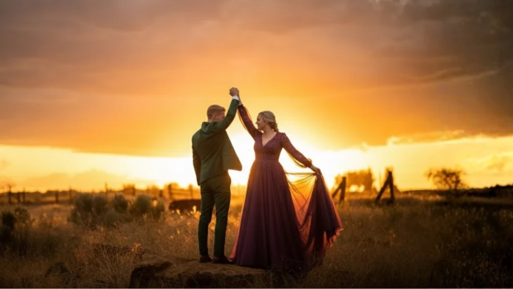 A beautiful sunset shot of a couple dancing in wedding attire, symbolizing the cinematic feel of wedding cinematography. The image represents the romantic, artistic style of cinematography, ideal for couples looking for emotional storytelling in their wedding films.