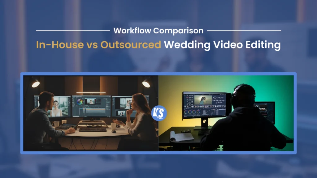 The editing process differs significantly between in-house and outsourced wedding video editing. In-house editing involves manually organizing files and relying on the internal team's creativity, often limiting editing styles and revisions due to workload. On the other hand, outsourced editing ensures a dedicated team handles everything from footage sorting to advanced color grading, providing cinematic and platform-specific styles, professional audio mixing, and multiple structured revisions. Outsourcing offers faster turnaround times and ensures consistent results, especially during peak wedding seasons, making it ideal for high-volume studios.