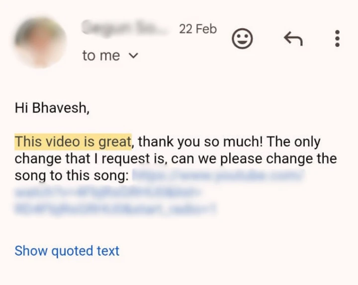 Client email praising video edit quality and requesting song change for wedding video editing project by Eterna Edits