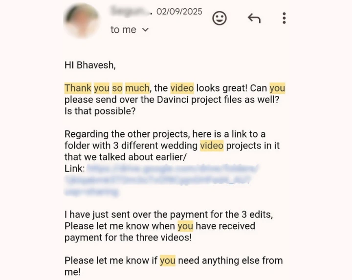 Client email praising wedding video edit quality as perfect and asking for delivery timeline of another wedding video editing project at Eterna Edits
