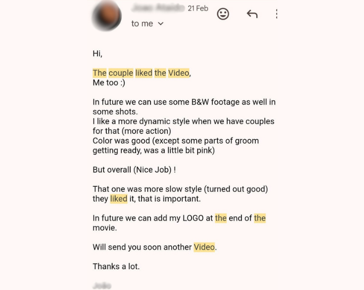 Client email stating couple liked wedding video, providing feedback on editing style, color grading, and suggesting black and white footage and logo addition for future projects at Eterna Edits