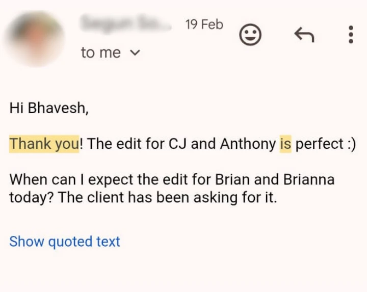Client email praising wedding video edit quality as perfect and asking for delivery timeline of another wedding video editing project at Eterna Edits