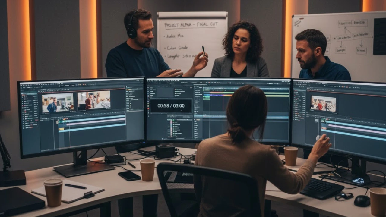 Professional wedding video editing team collaborating in a post-production studio with multiple editing screens, showcasing outsourced wedding video editing workflow, project management, and cinematic editing support for US videographers.