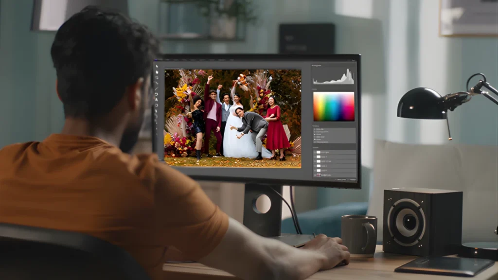 A person works on color correction for a wedding photo using editing software, adjusting the vibrant hues of the image to achieve a consistent and cinematic look, while the desk area shows a cup of coffee and speakers.