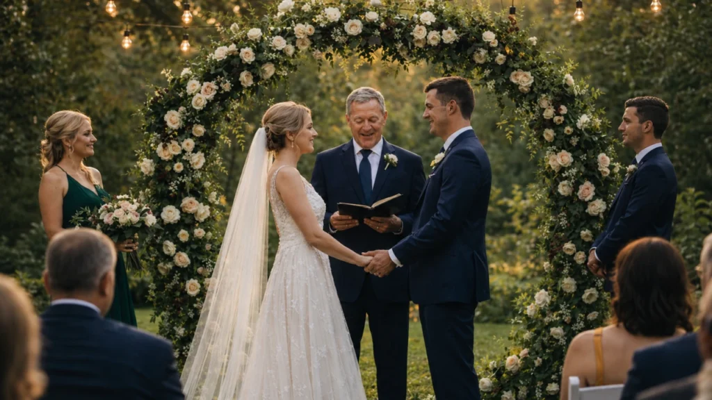 A bride and groom stand under a floral arch during their outdoor wedding ceremony as they exchange vows, with the officiant guiding the moment. Guests are seated in the background, and the sun sets softly in the distance.