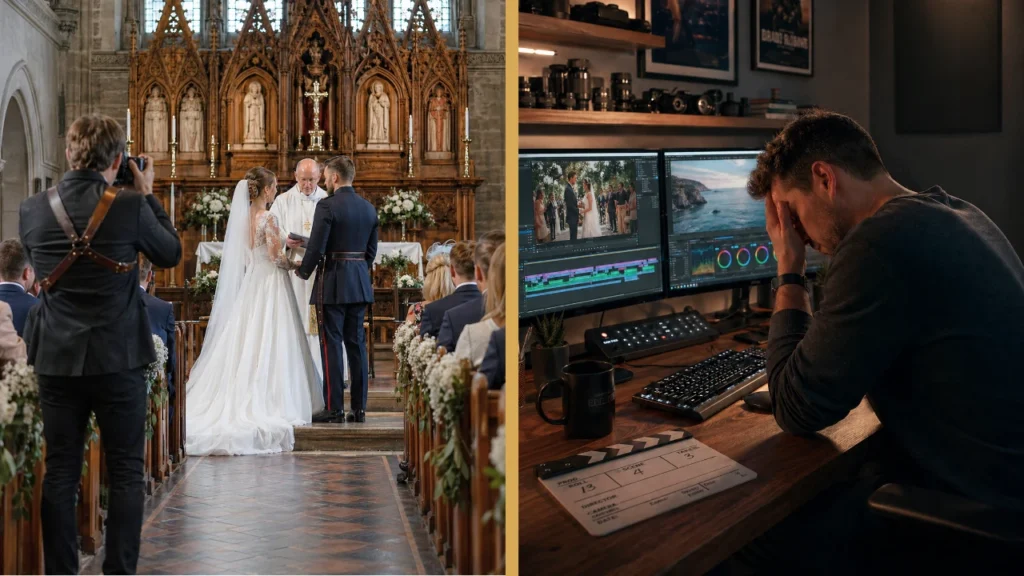 Wedding videographer filming a church ceremony alongside a stressed editor working on post-production, illustrating how outsourced video editing services help wedding filmmakers save time, reduce burnout, and boost profits.