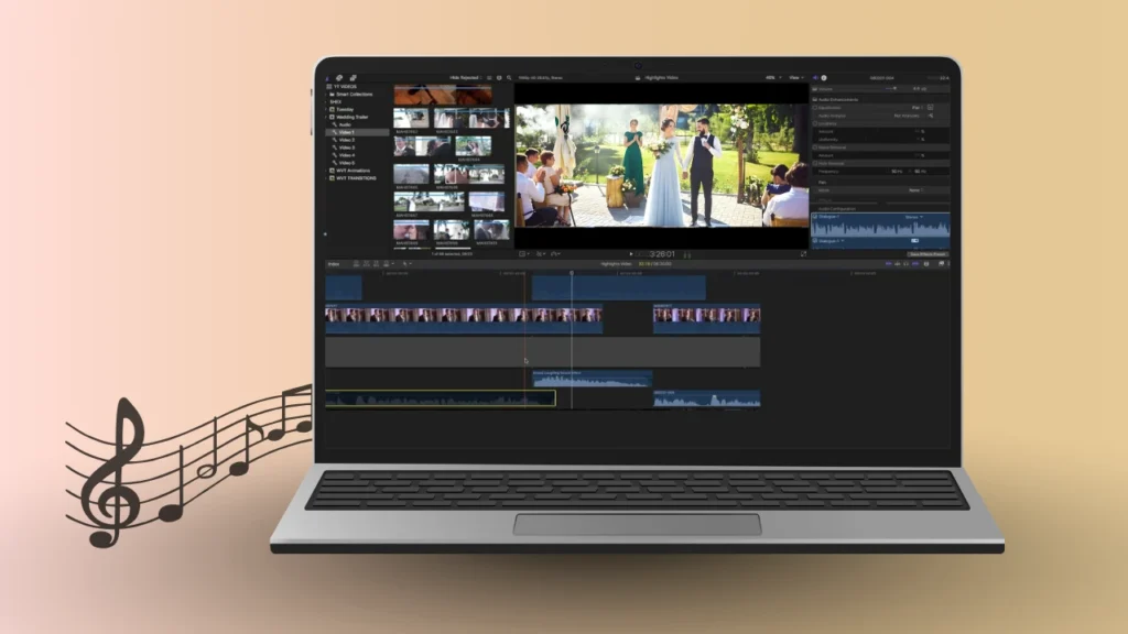 A laptop screen displaying wedding video editing software with multiple audio tracks being synchronized, while background music notes subtly float around the image, highlighting the process of audio syncing and cleanup.