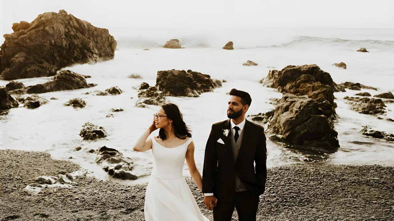 A newlywed couple walks hand in hand along a rocky beach, with the ocean waves crashing gently in the background. The bride, in her elegant wedding dress, enjoys the breeze while the groom, dressed in a suit, gazes ahead.
