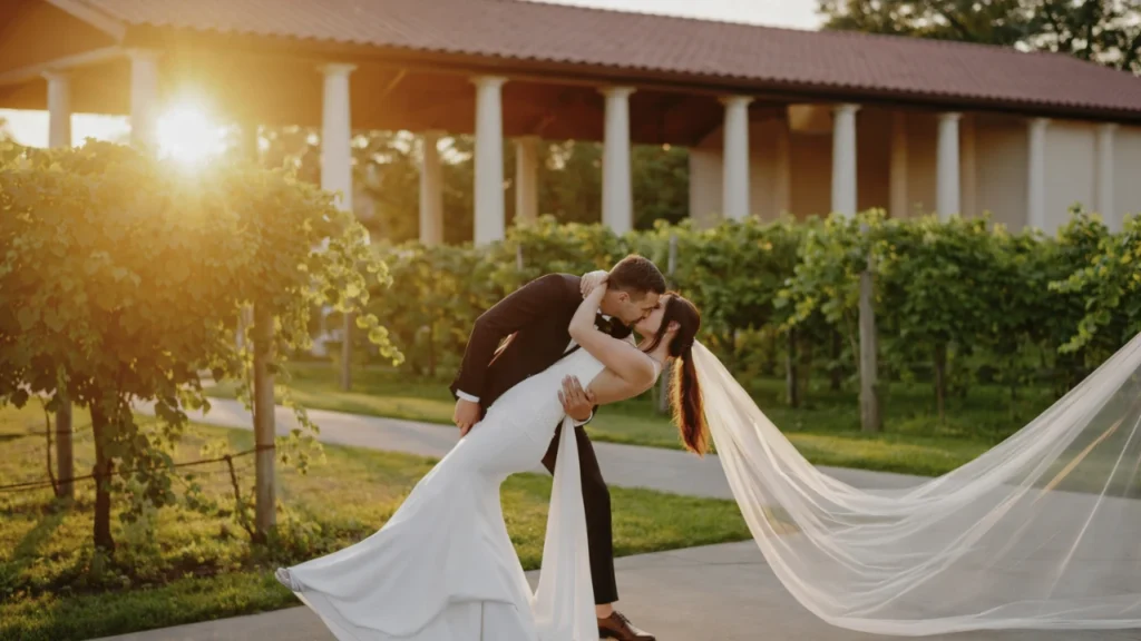 A newlywed couple shares a passionate kiss during a romantic moment at their vineyard wedding, with the bride’s veil flowing in the breeze as the sun sets in the background.