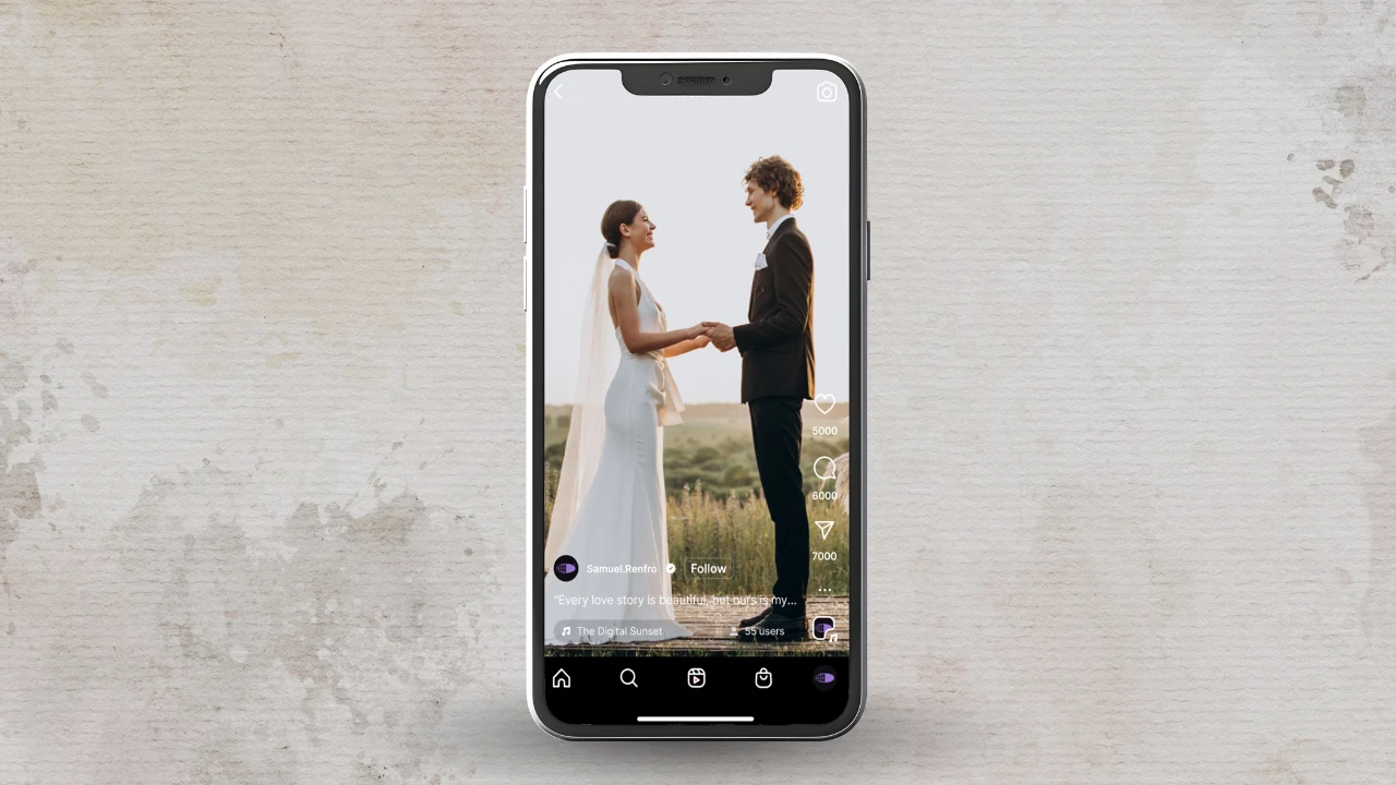 A couple shares a beautiful moment during their wedding, holding hands as they gaze at each other, captured in a short video format on a smartphone screen. The video is posted on social media with a heartfelt caption and engagement stats.