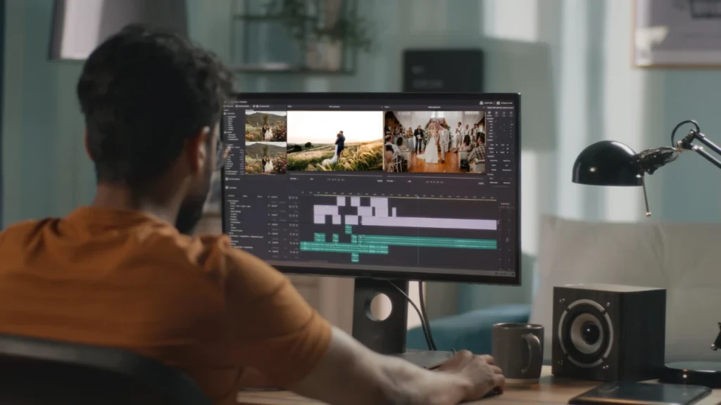 A wedding video editor works on a multi-camera timeline, syncing footage from various angles in editing software. The timeline is organized, with footage and audio tracks aligned, ready for the next step in the creative process.