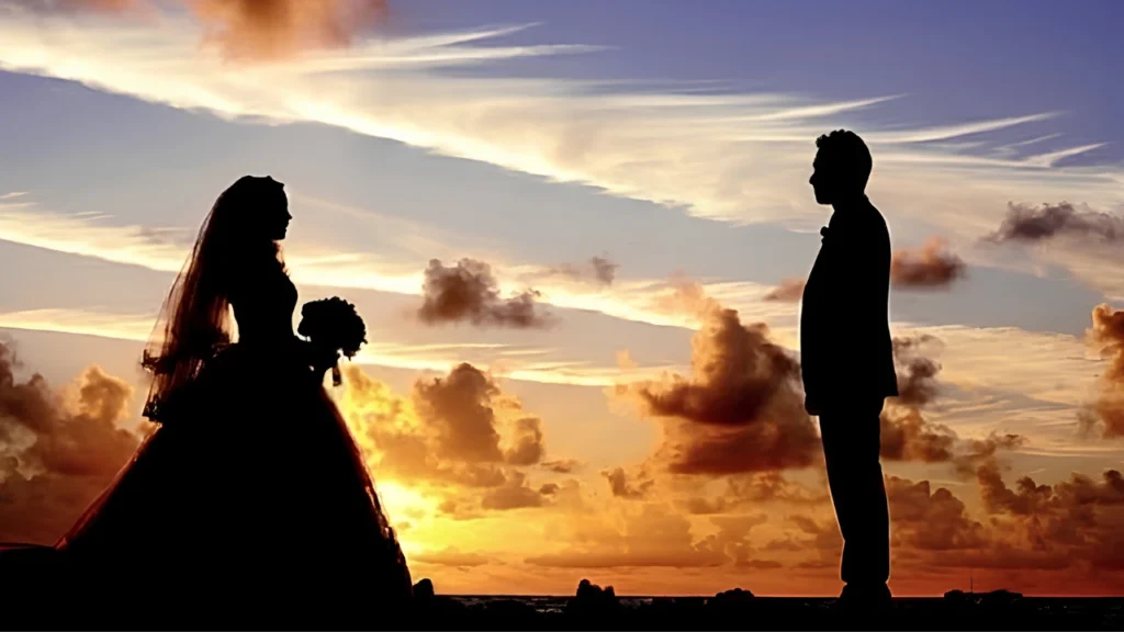 A bride and groom stand silhouetted against a breathtaking sunset sky, creating a romantic moment on the beach. The bride holds a bouquet, while the groom faces her, both frozen in time during their wedding day.