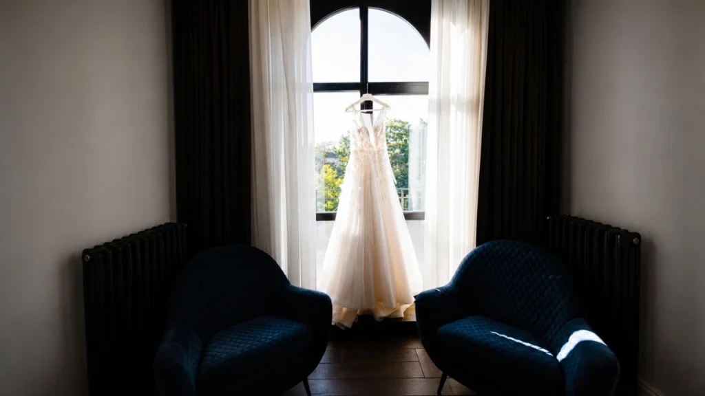 Wedding dress hanging in soft window light, showing an essential getting-ready shot for a cinematic wedding video shot list.