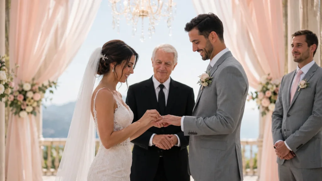 Bride and groom exchanging rings during an outdoor ceremony, capturing an essential wedding video shot list moment for cinematic wedding video shots and emotional vows footage.