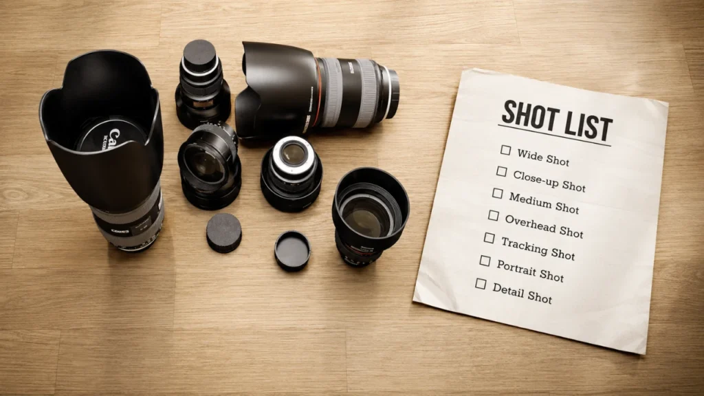 Camera lenses arranged beside a printed shot list, representing essential wedding video shots for planning cinematic wedding coverage and post-production editing.