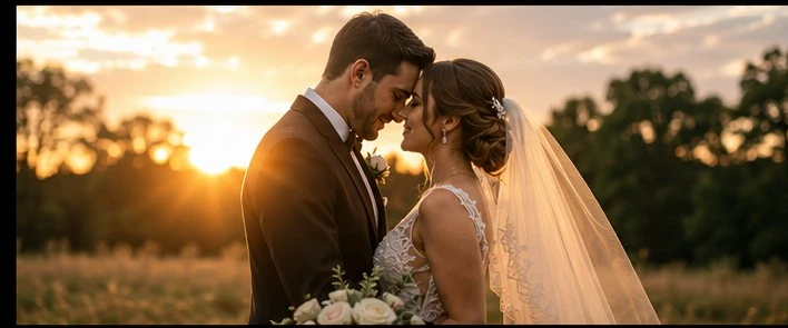 Bride and groom sharing a romantic sunset moment in a professionally stabilized cinematic wedding highlight, showcasing expert wedding video stabilization and post-production editing by Eterna Edits.