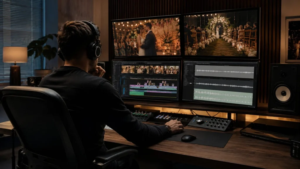 Professional wedding video editor selecting licensed music and synchronizing the soundtrack with a cinematic wedding film timeline, audio waveforms, and emotional story pacing by Eterna Edits.