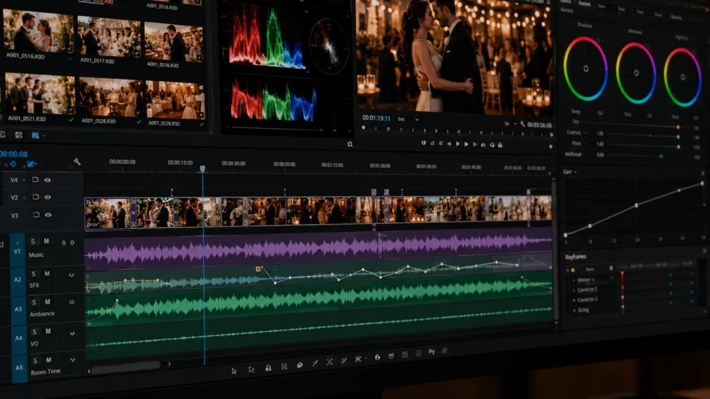Professional wedding video editing timeline showing music selection, audio synchronization, cinematic color grading, and soundtrack editing for a cinematic wedding highlight film by Eterna Edits.