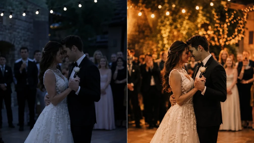 Before and after comparison of a wedding first dance showing professional wedding video color grading, cinematic lighting enhancement, warm film-inspired tones, and polished post-production by Eterna Edits.
