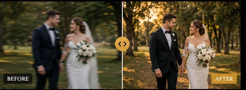 Before and after comparison of wedding video stabilization showing blurry, shaky wedding footage transformed into a sharp cinematic wedding highlight through professional video stabilization and post-production editing by Eterna Edits.