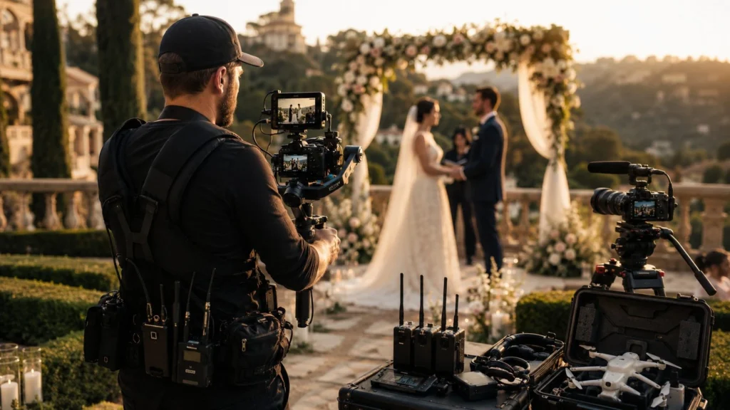 Professional wedding videographer filming an outdoor wedding ceremony with cinema cameras and audio equipment, representing expert wedding video production and cinematic post-production by Eterna Edits.