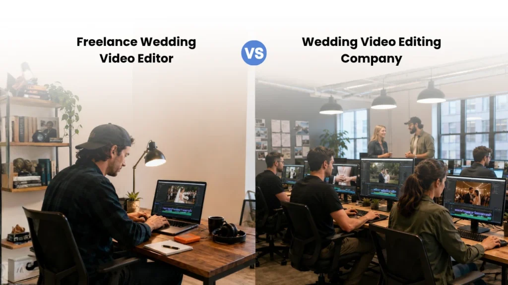 Freelance wedding video editor working alone compared with a wedding video editing company team editing wedding footage.