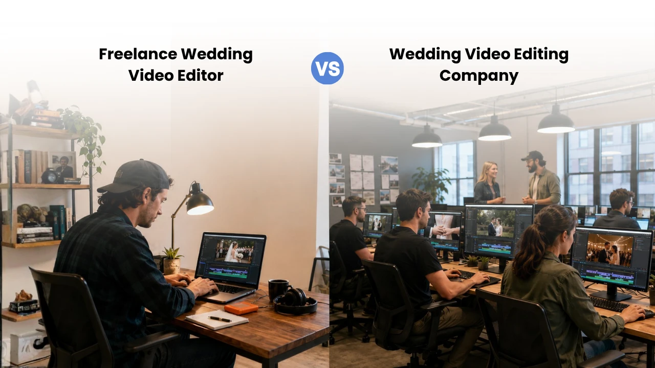 Freelance wedding video editor working alone compared with a wedding video editing company team editing wedding footage.