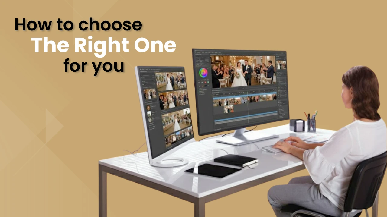 Wedding video editor comparing footage on dual monitors while choosing the right wedding video editing company for professional editing needs.