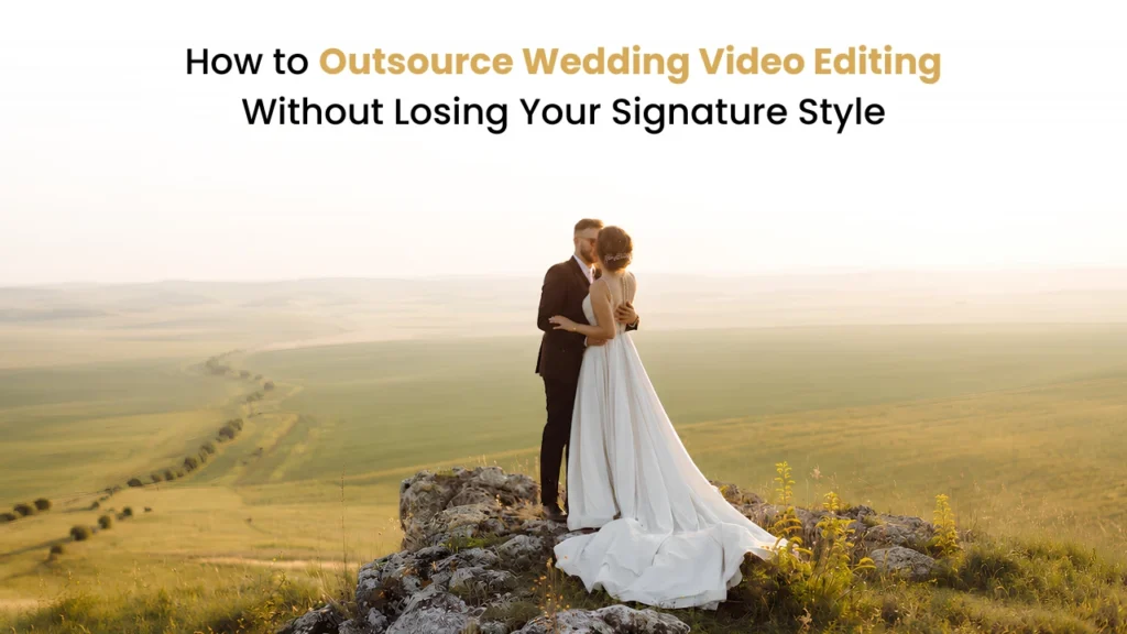 Bride and groom embracing on a rocky hill at sunset, representing outsourced wedding video editing that preserves a videographer’s signature style.