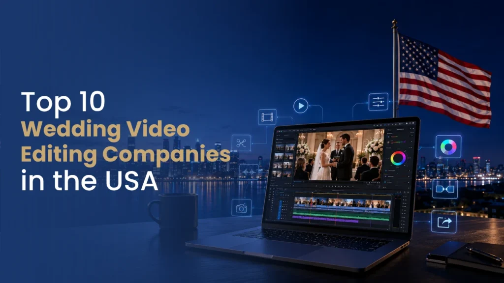 Laptop displaying professional wedding video editing software with wedding footage, USA flag, and city skyline representing top wedding video editing companies in the USA.
