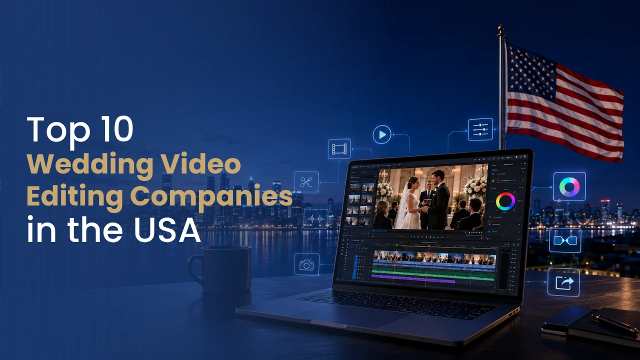 Laptop displaying professional wedding video editing software with wedding footage, USA flag, and city skyline representing top wedding video editing companies in the USA.