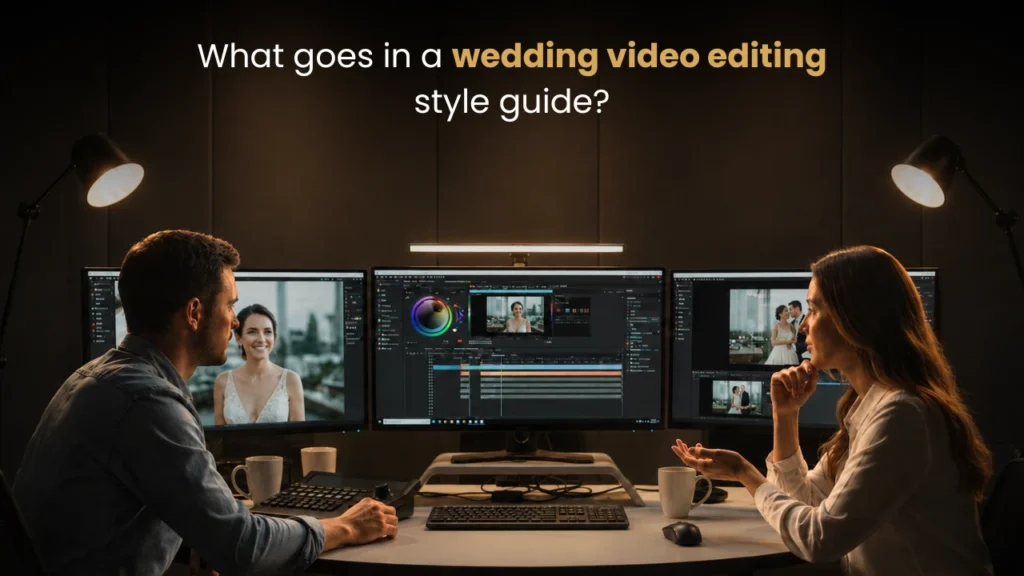 Wedding videographer and editor discussing a wedding video editing style guide while reviewing footage, color grading, and timelines across three monitors.