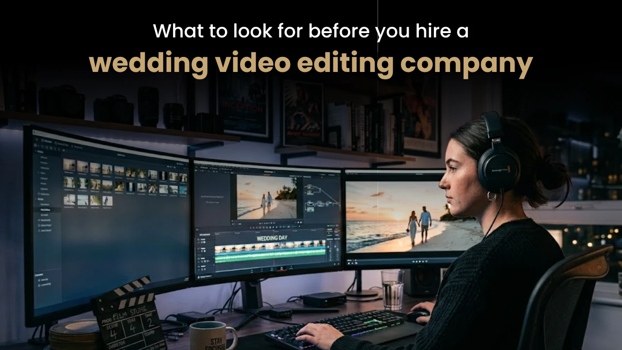 Professional wedding video editor working on multi-monitor editing software while reviewing wedding footage before final delivery.