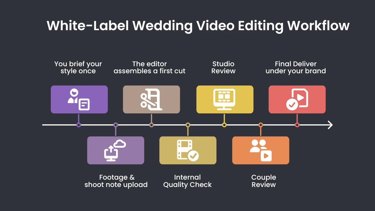 The seven-stage white-label wedding video editing workflow: style brief, footage upload, first cut, internal quality check, studio review, couple review and final delivery under your brand.