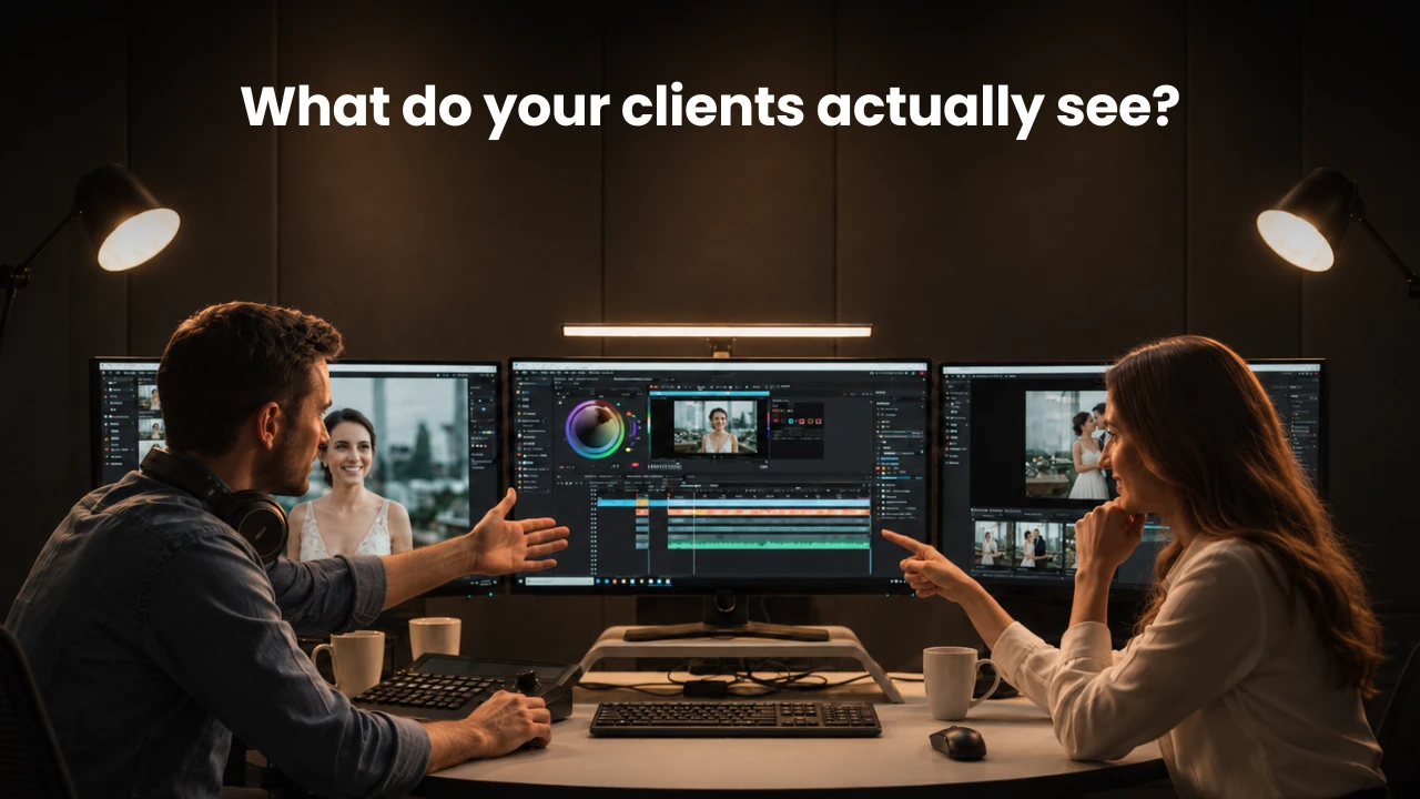 What your clients actually see — two editors reviewing a wedding film together on a multi-monitor editing workstation.