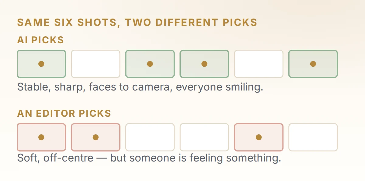 The same six shots scored by AI and by a human editor, showing they pick different frames.
