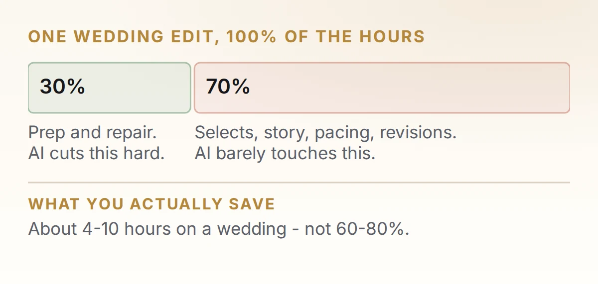 A wedding edit shown as one bar, with the 30 percent AI compresses marked against the 70 percent it does not.